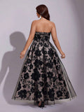 Black floral mesh A-line maxi dress with shirred strapless bodice