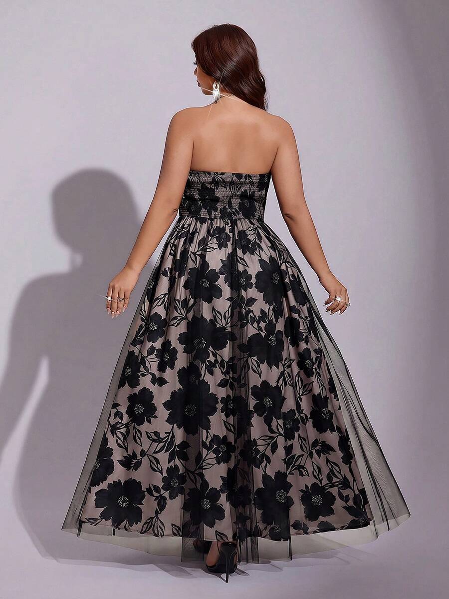 Black floral mesh A-line maxi dress with shirred strapless bodice