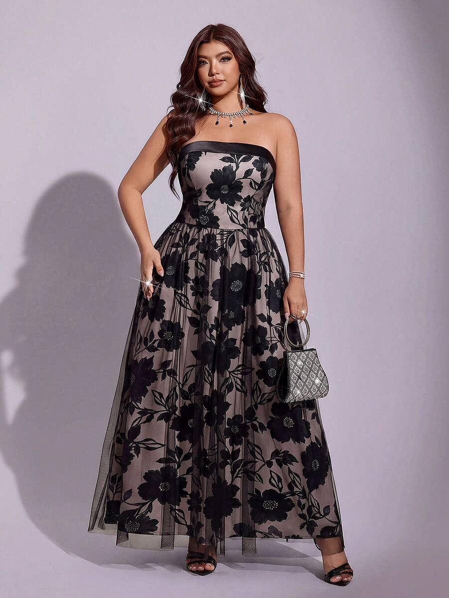Smocked back of strapless nude tulle floral maxi dress