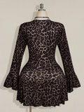 Back view of fitted brown leopard print mini dress with flared sleeves and A-line hem
