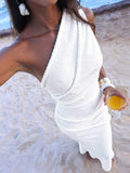 Close front view of white one-shoulder ruched bodycon maxi dress for beach vacation styling