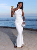 Full front view of white one-shoulder ruched bodycon maxi dress for beach vacation styling