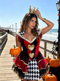 Front view of women’s Queen of Hearts costume with ruff collar and layered skirt