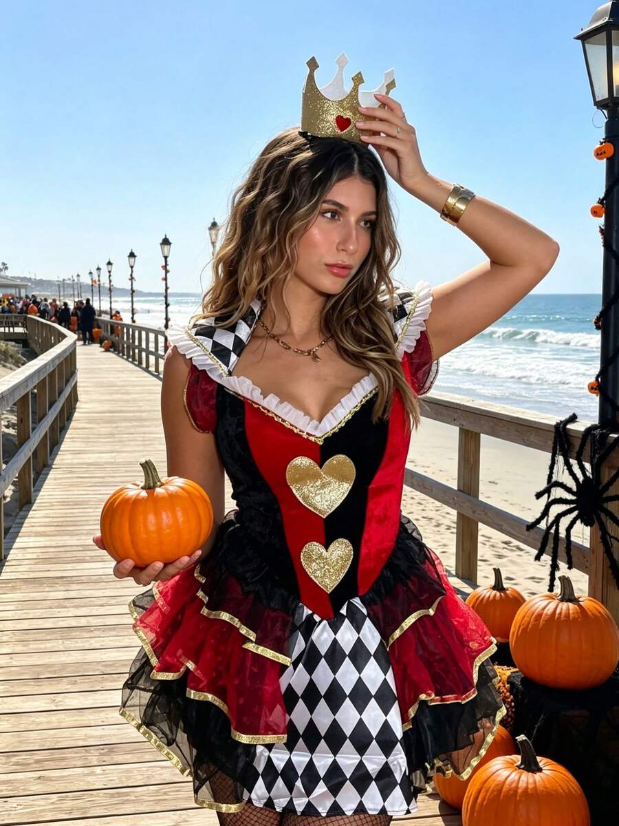 Front view of women’s Queen of Hearts costume with ruff collar and layered skirt