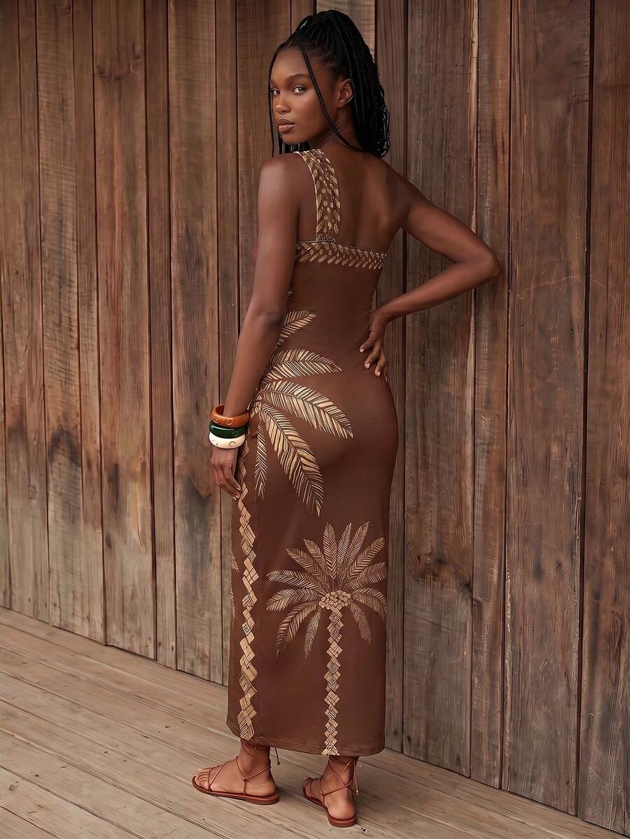 Back view of brown palm print one-shoulder maxi dress with open back