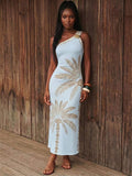Front view of aqua blue palm print one-shoulder maxi dress