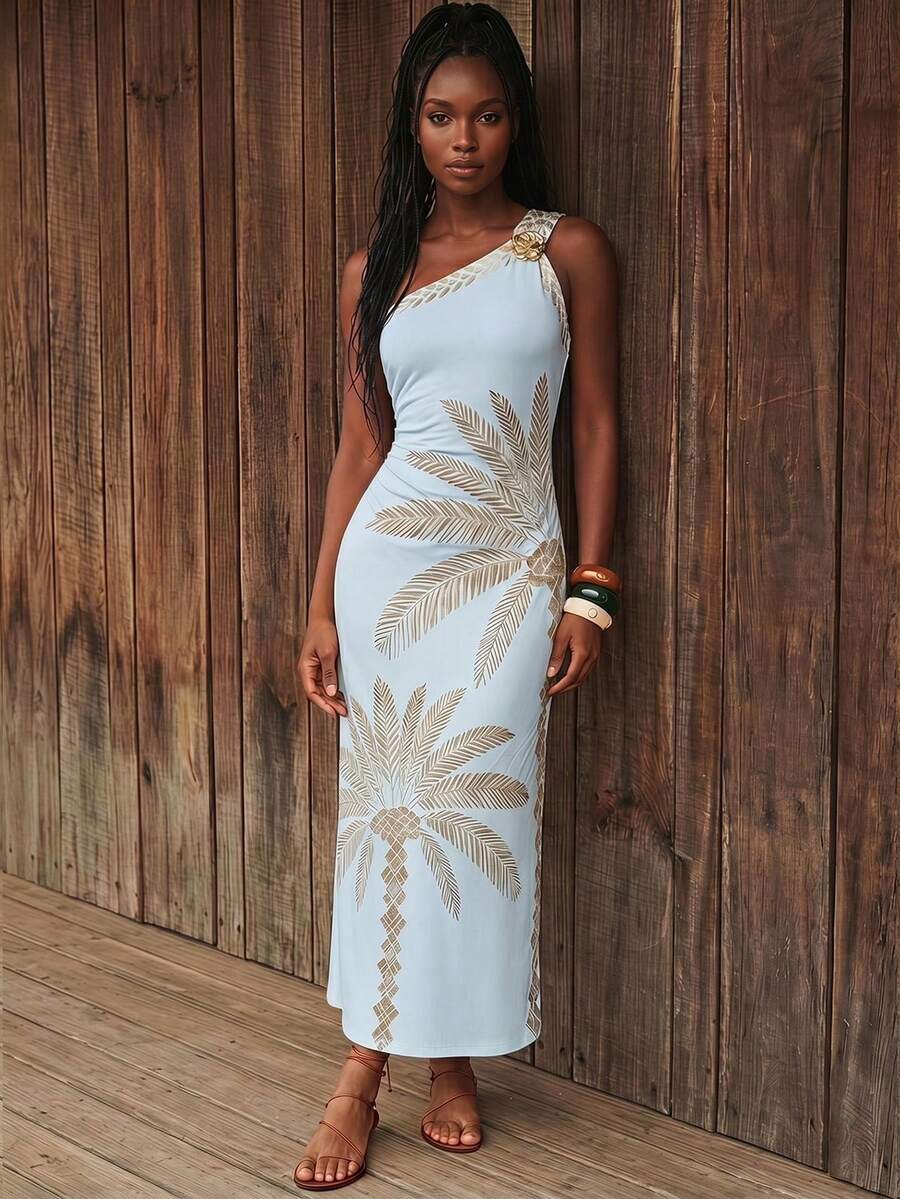 Front view of aqua blue palm print one-shoulder maxi dress