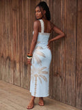 Back view of aqua blue palm print one-shoulder maxi dress with open back