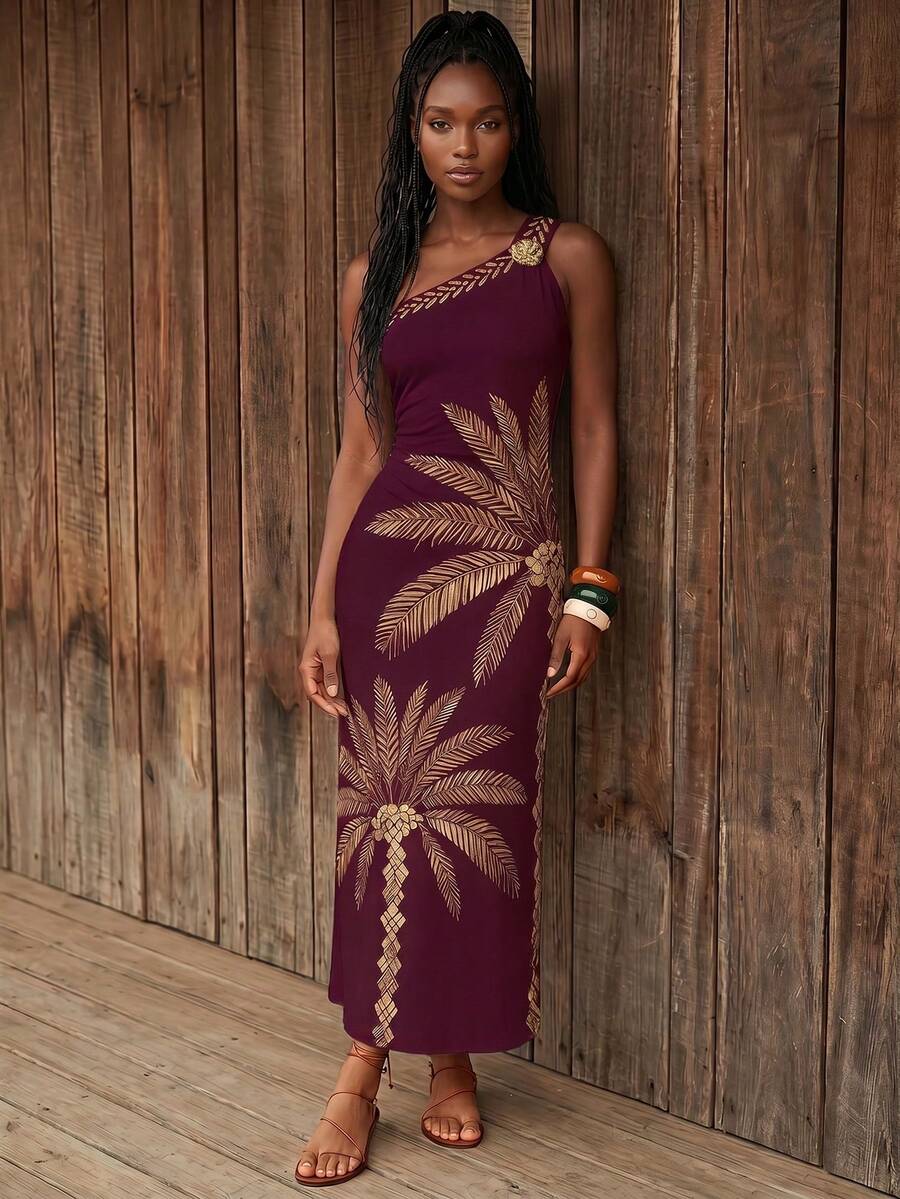 Front view of burgundy palm print one-shoulder maxi dress with floral shoulder accent