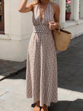 Brown gingham A-line maxi dress with wrap waist tie
