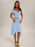 Yellow ruched off shoulder crop top and matching flowing midi skirt set