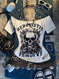 Front flat lay of white off-shoulder T-shirt with black skull-and-rose graphic and leopard insert