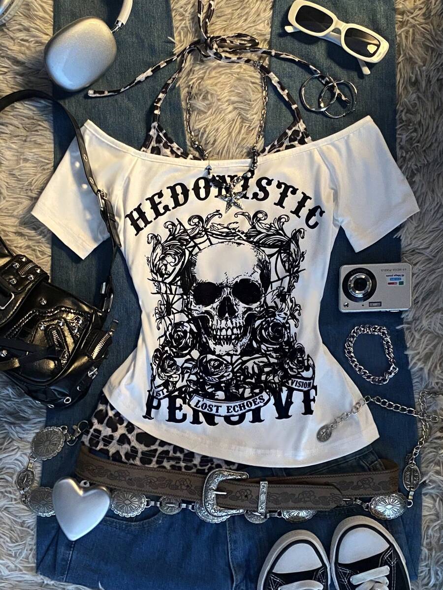Front flat lay of white off-shoulder T-shirt with black skull-and-rose graphic and leopard insert