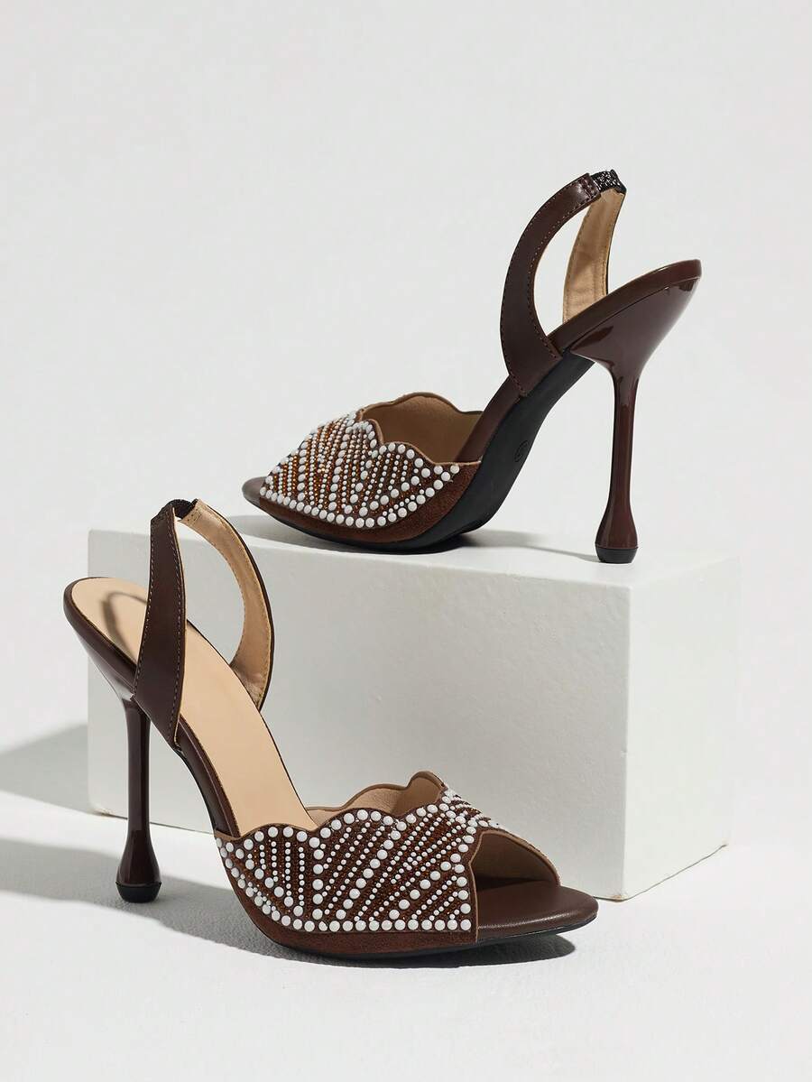 Brown open-toe pearl-beaded slingback stiletto with flared high heel