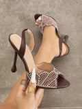 Brown square open-toe slingback stiletto with pearl and rhinestone scalloped vamp