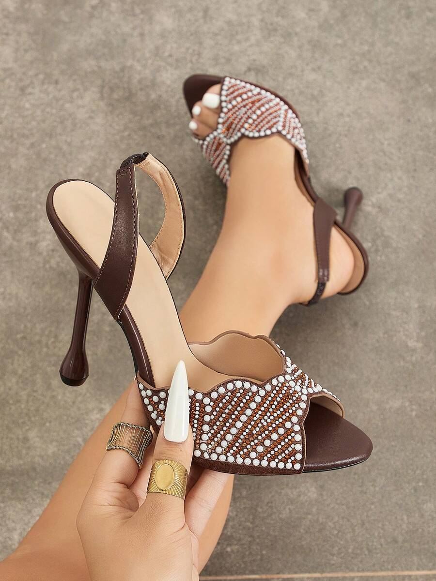 Brown square open-toe slingback stiletto with pearl and rhinestone scalloped vamp