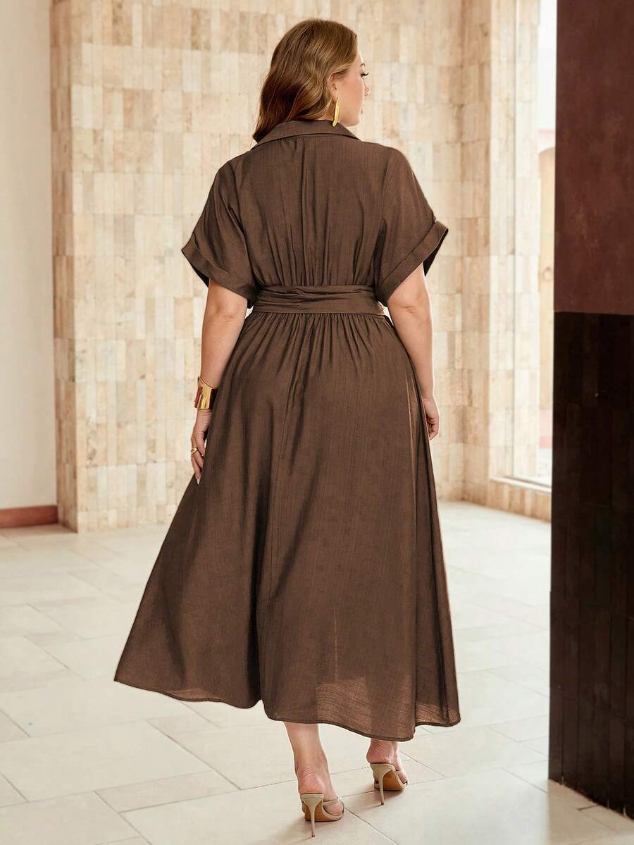 Shop a plus size bamboo linen V-neck dress with a front tie. Perfect for summer parties, brunch, garden events, vacations, and elegant warm-weather occasions.