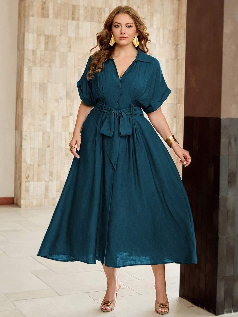 Shop a plus size bamboo linen V-neck dress with a front tie. Perfect for summer parties, brunch, garden events, vacations, and elegant warm-weather occasions.