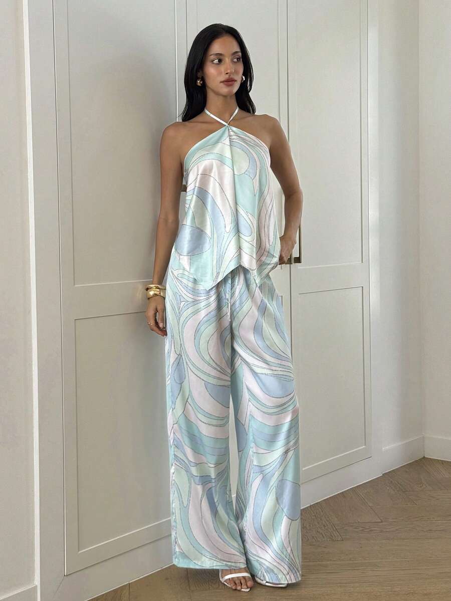 Front and back view of pastel halter top and wide-leg pant set