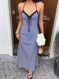 Navy gingham maxi dress with sweetheart neckline and front tie