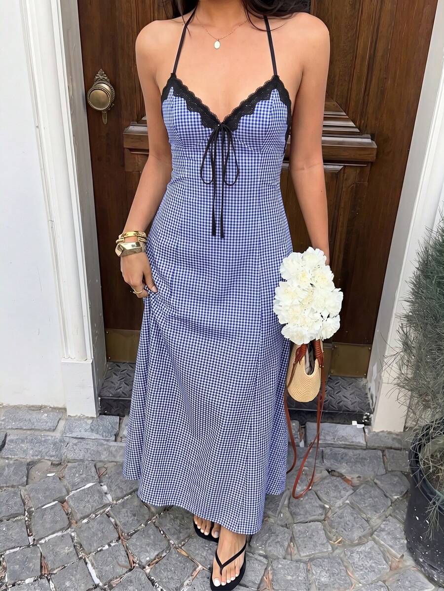 Navy gingham maxi dress with sweetheart neckline and front tie