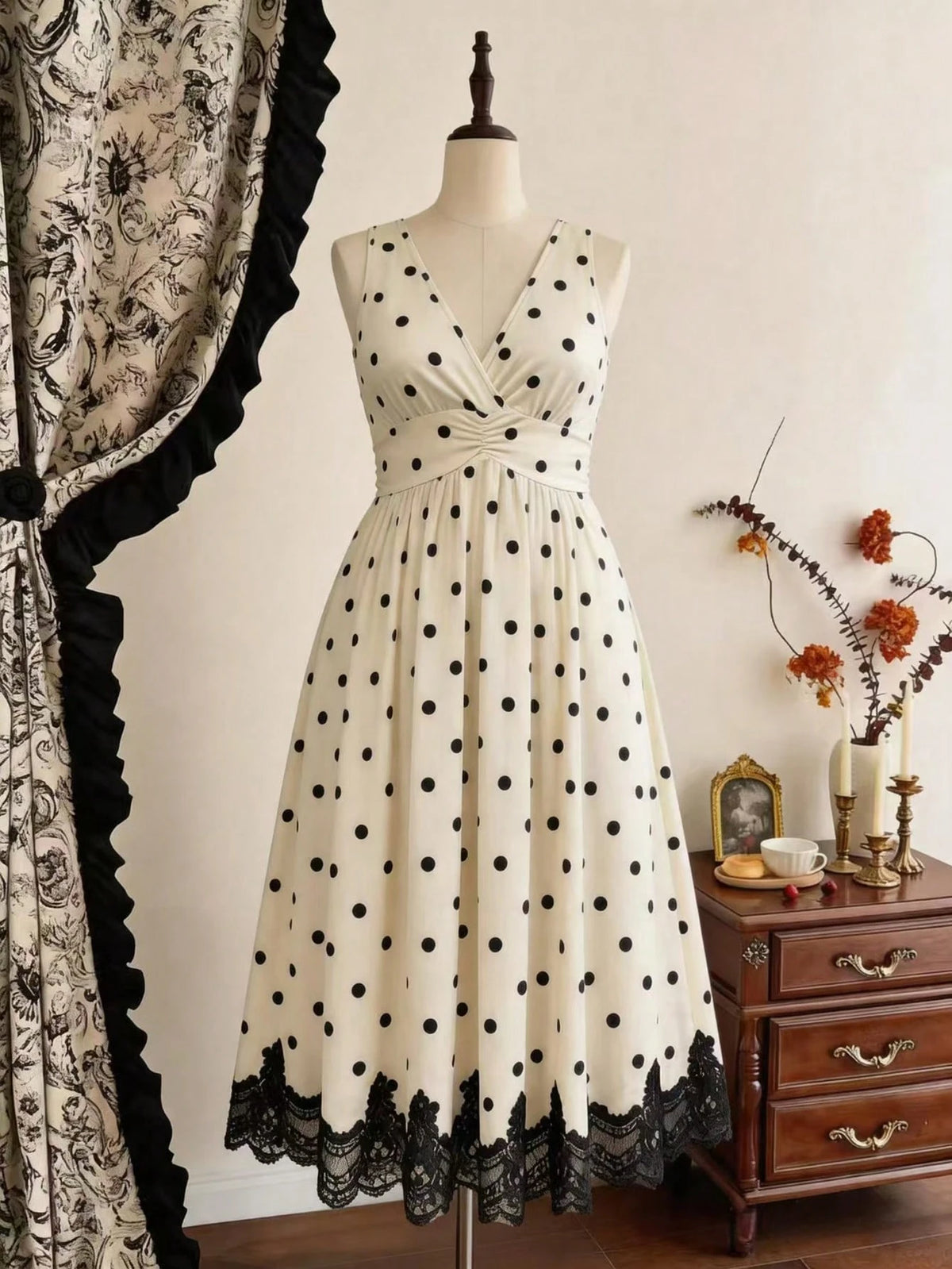 A cream-colored sleeveless A-line dress with black polka dots and a black lace hem, displayed on a mannequin in a vintage-style room next to a wooden chest and patterned curtains.