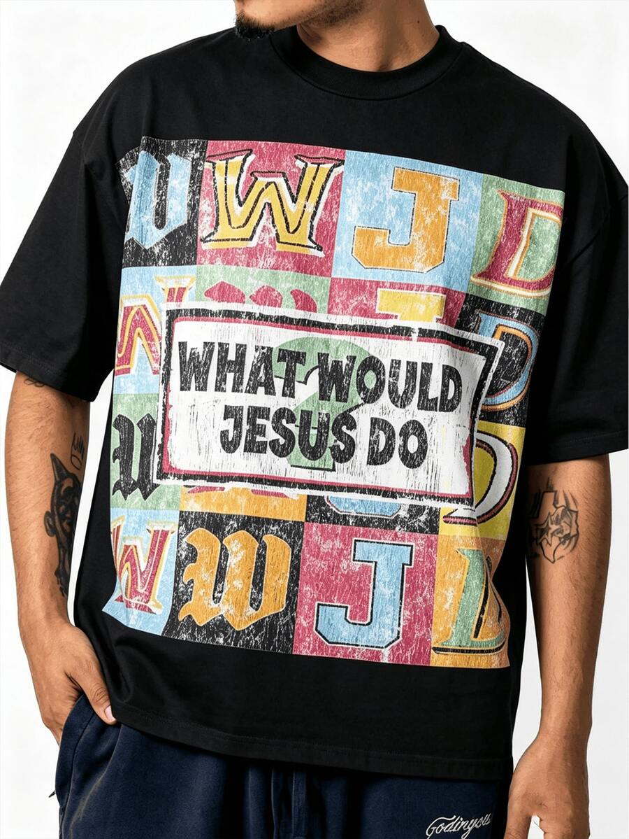 Men’s black What Would Jesus Do graphic T-shirt front view