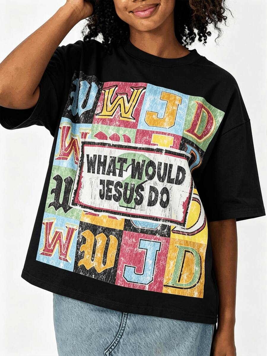 Women’s black What Would Jesus Do Christian graphic T-shirt front view