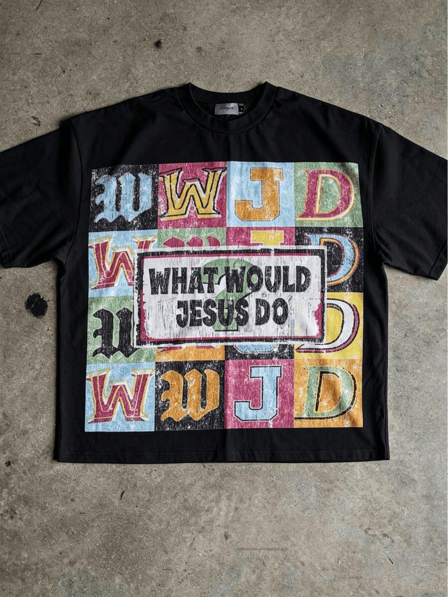 Black What Would Jesus Do Christian graphic T-shirt front flat lay