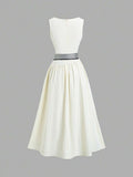 Apricot A-line maxi dress with cinched waist and scoop neck