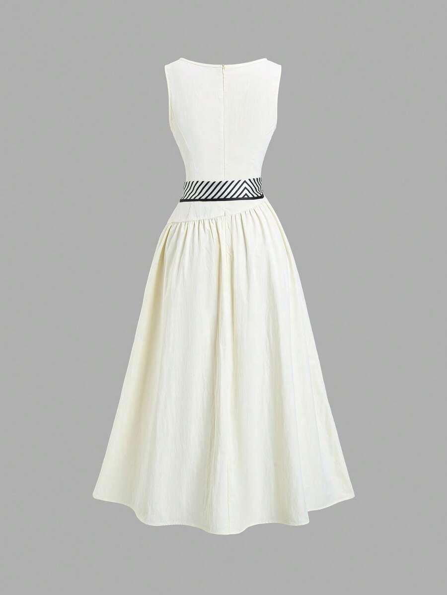 Apricot A-line maxi dress with cinched waist and scoop neck