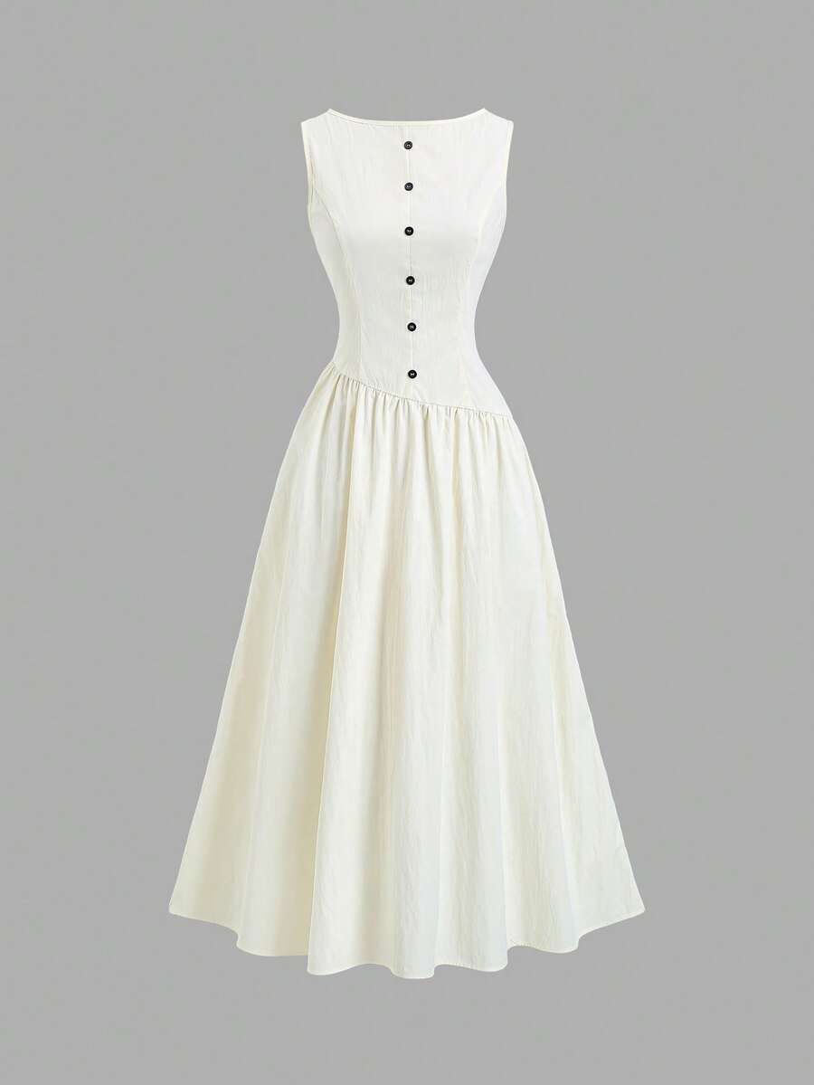 Ivory maxi dress with striped bow sash and front buttons