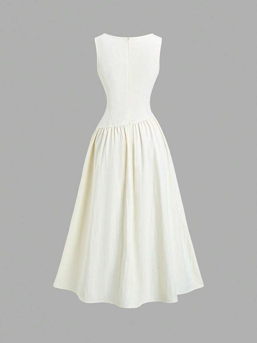 Apricot full-skirt dress with lightweight textured fabric