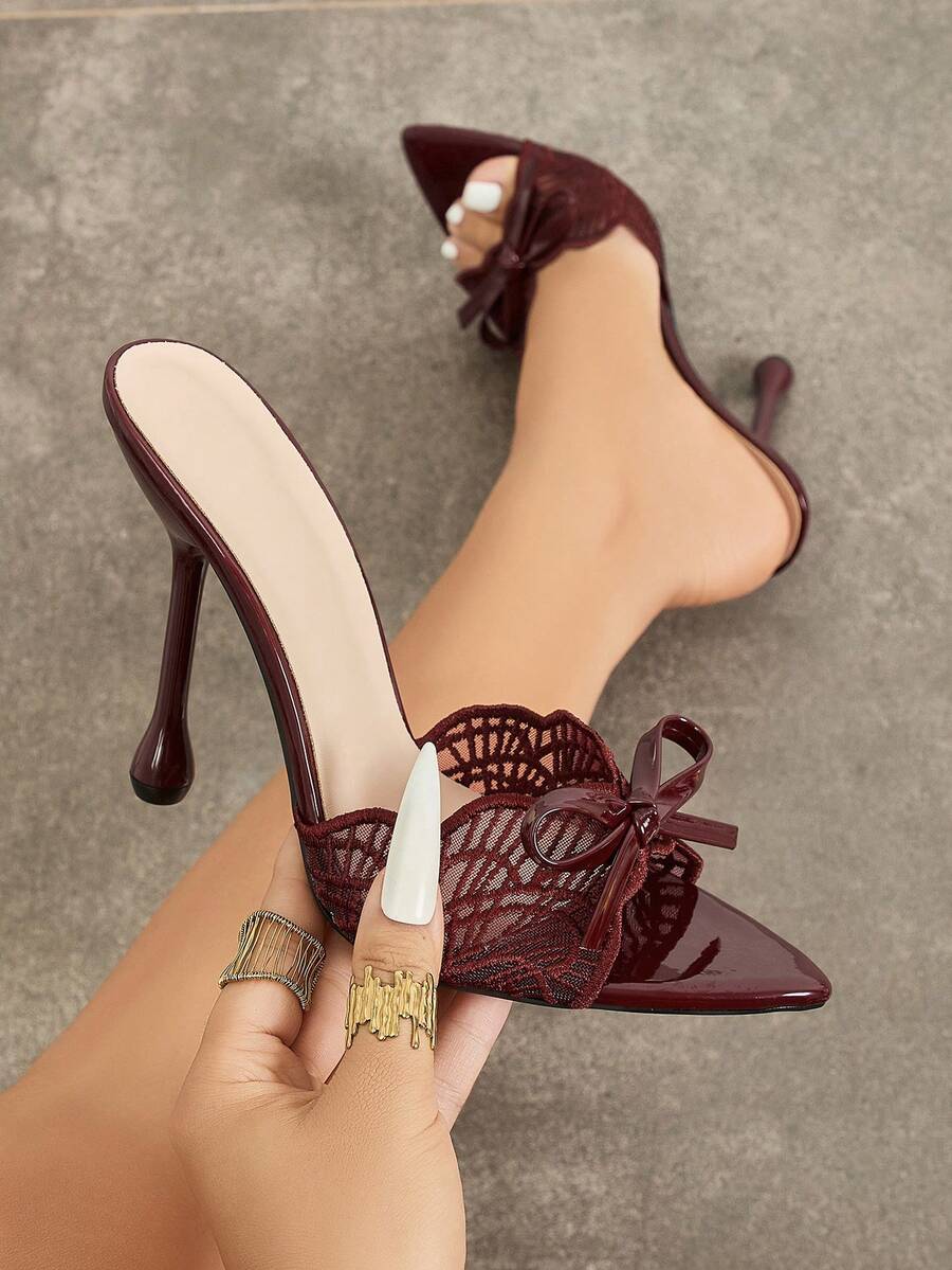 Burgundy bow-lace pointed open-toe mule with flared stiletto heel