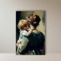 Framed mother and child canvas wall art with loose painterly brushstrokes in cream, brown, green, and navy