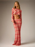 Full-length front view of red plaid two-piece outfit with cropped blouse and fitted maxi skirt