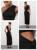  Asymmetrical Shoulder Dress with Metal Buckle for Weddings and Parties