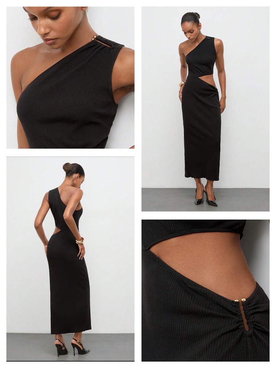  Asymmetrical Shoulder Dress with Metal Buckle for Weddings and Parties