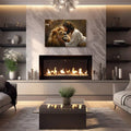 Canvas wall art of a robed man and golden lion displayed above a living room fireplace