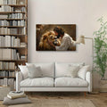 Christian lion-and-man canvas print displayed over a white sofa in a bright living room