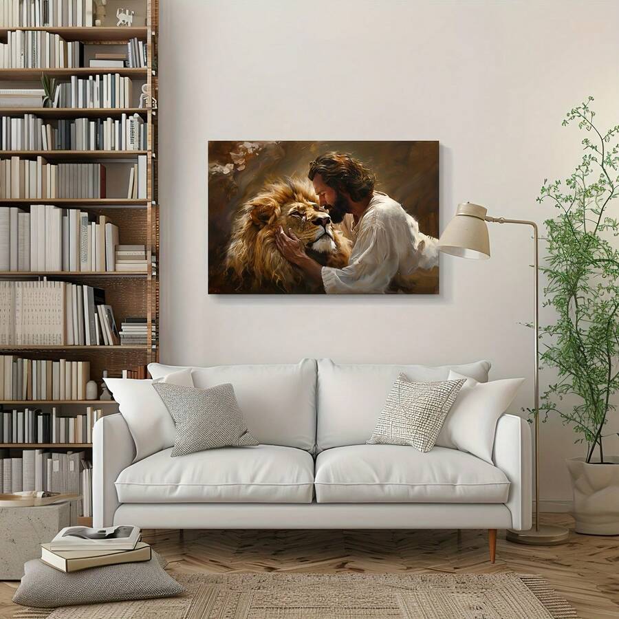 Christian lion-and-man canvas print displayed over a white sofa in a bright living room