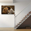 Horizontal religious canvas artwork showing a man embracing a lion beside a staircase