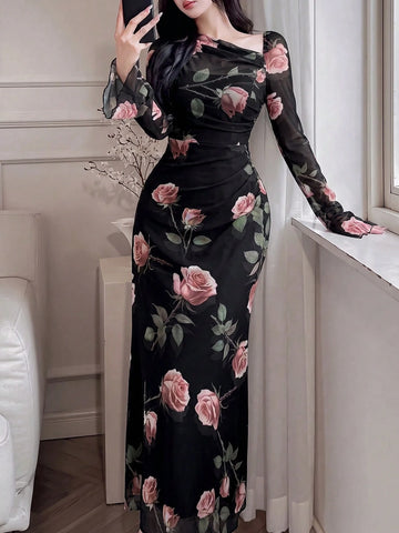 Elegant Floral Print Asymmetric Neckline Ruffle Dress for Women - Ideal Long Evening Attire