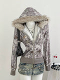 Front view of taupe grey camo zip-up hoodie with tan faux-fur hood
