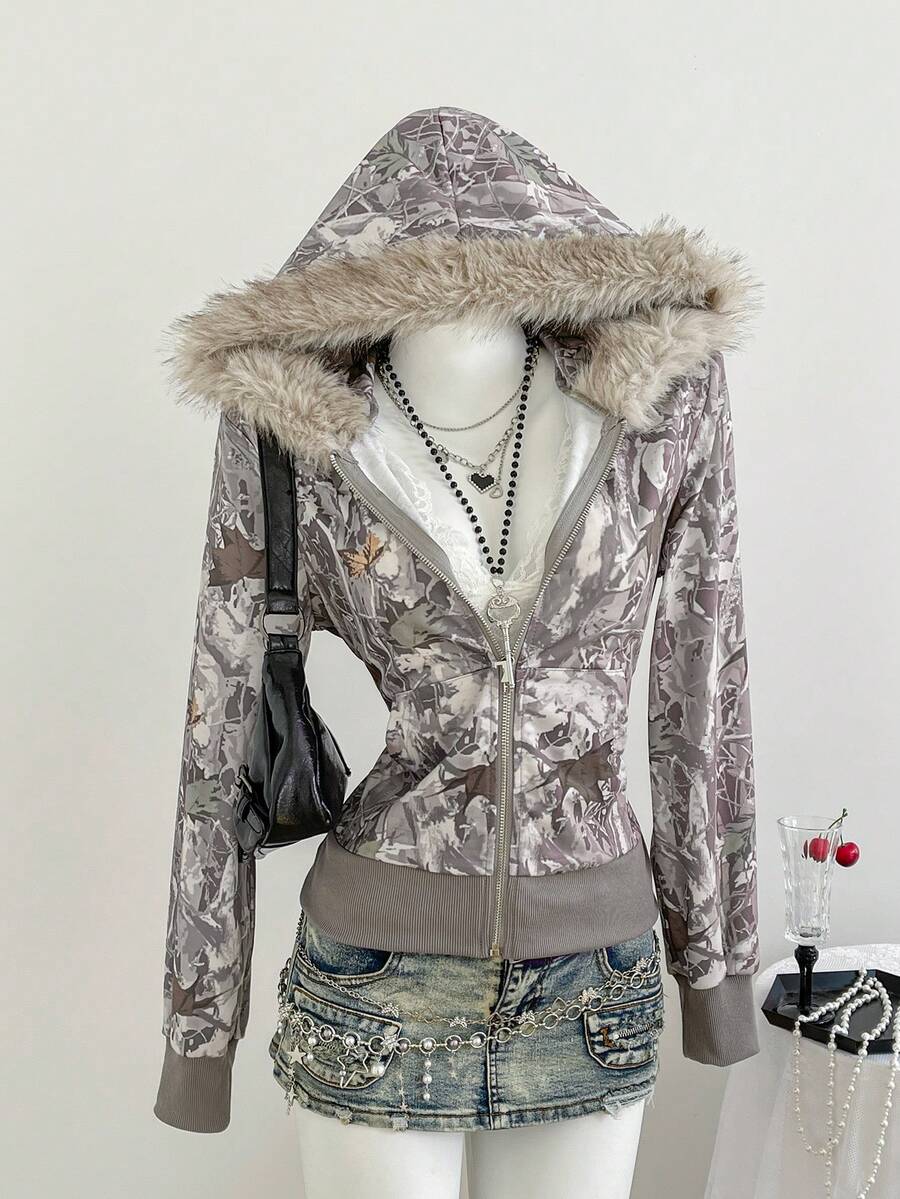 Front view of taupe grey camo zip-up hoodie with tan faux-fur hood