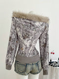 Back view of taupe camouflage cropped hoodie with faux-fur trimmed hood