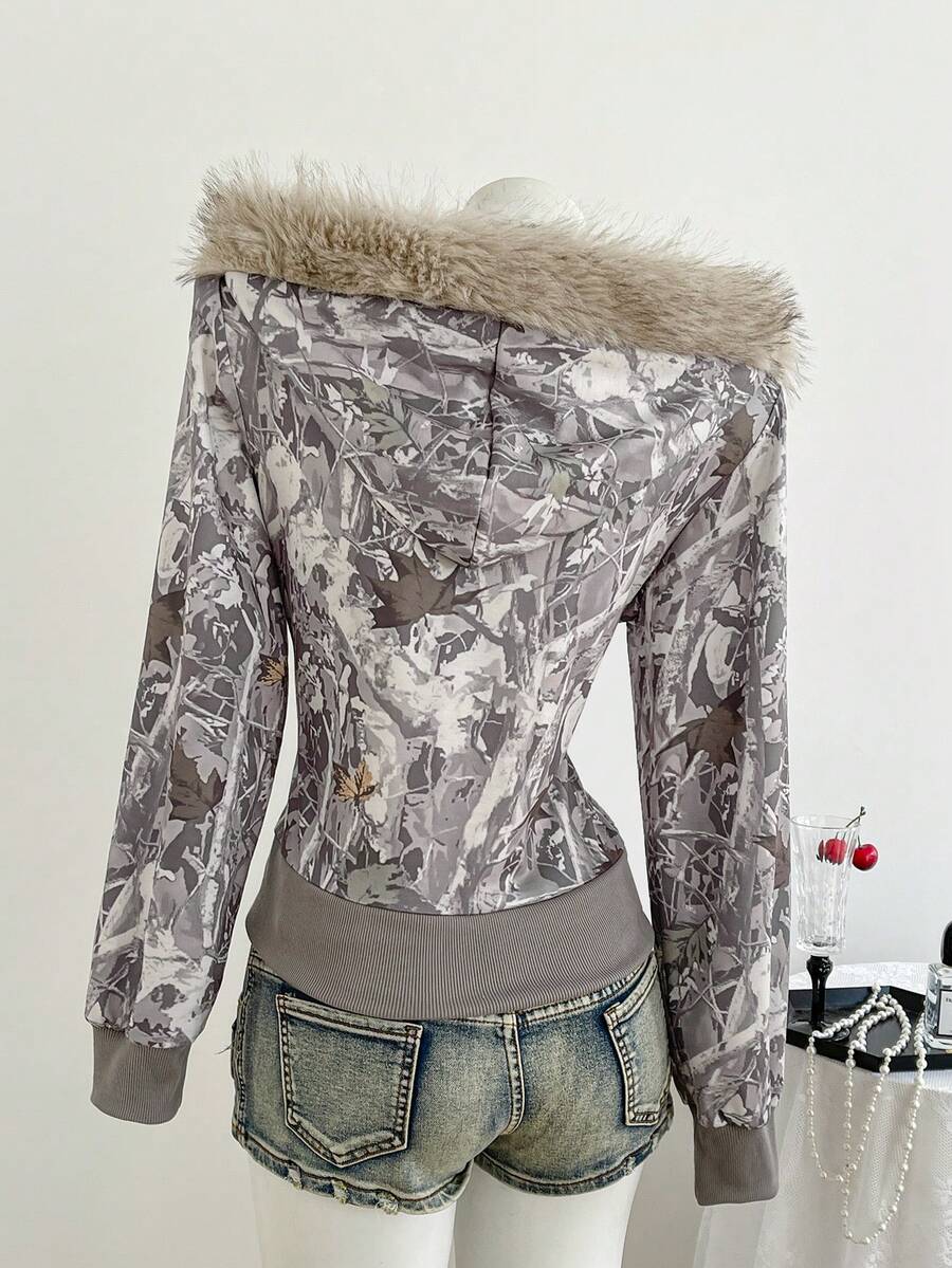 Back view of taupe camouflage cropped hoodie with faux-fur trimmed hood