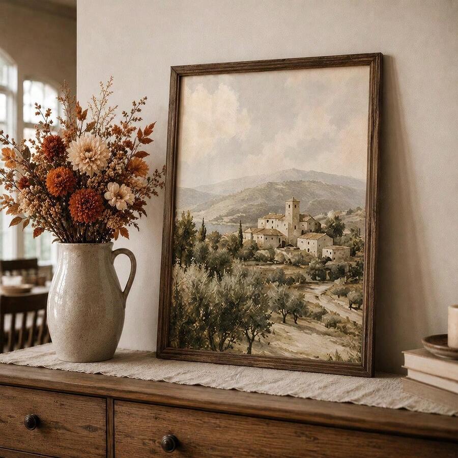 Close view of a rustic framed village landscape print with muted hills, coordinated with Psalm 46:10 wall art