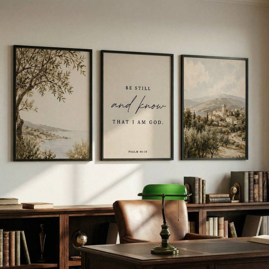 Three coordinated neutral canvas prints above a study desk: olive tree coast, Psalm 46:10 lettering, and rustic village landscape