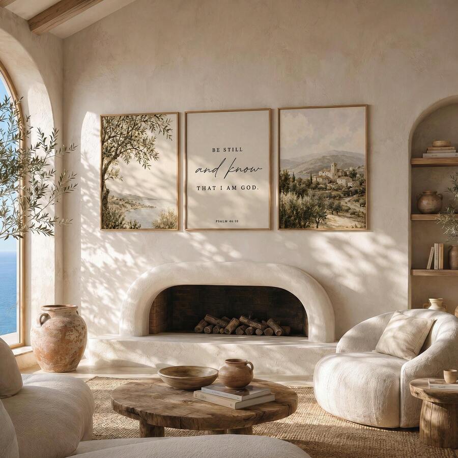 Psalm 46:10 triptych displayed above a living-room fireplace, with olive tree and village landscape prints flanking the verse